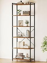 Casaottima Book Shelf, 6 Tier Tall Bookshelf, Modern Wood Bookcase Shelves for Bedroom, Industrial Display Shelf for Living Room Home Office Kitchen, Standing Shelving Unit Storage Organizer, Vintage