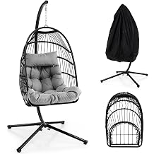 COSTWAY Swing Egg Chair with Stand, Upholstered Rattan Wicker Hammock Chair with Soft Cushion, Head Pillow and Dust Cover, Heavy-duty Metal Frame Hanging Egg Basket Seat for Garden Patio Yard