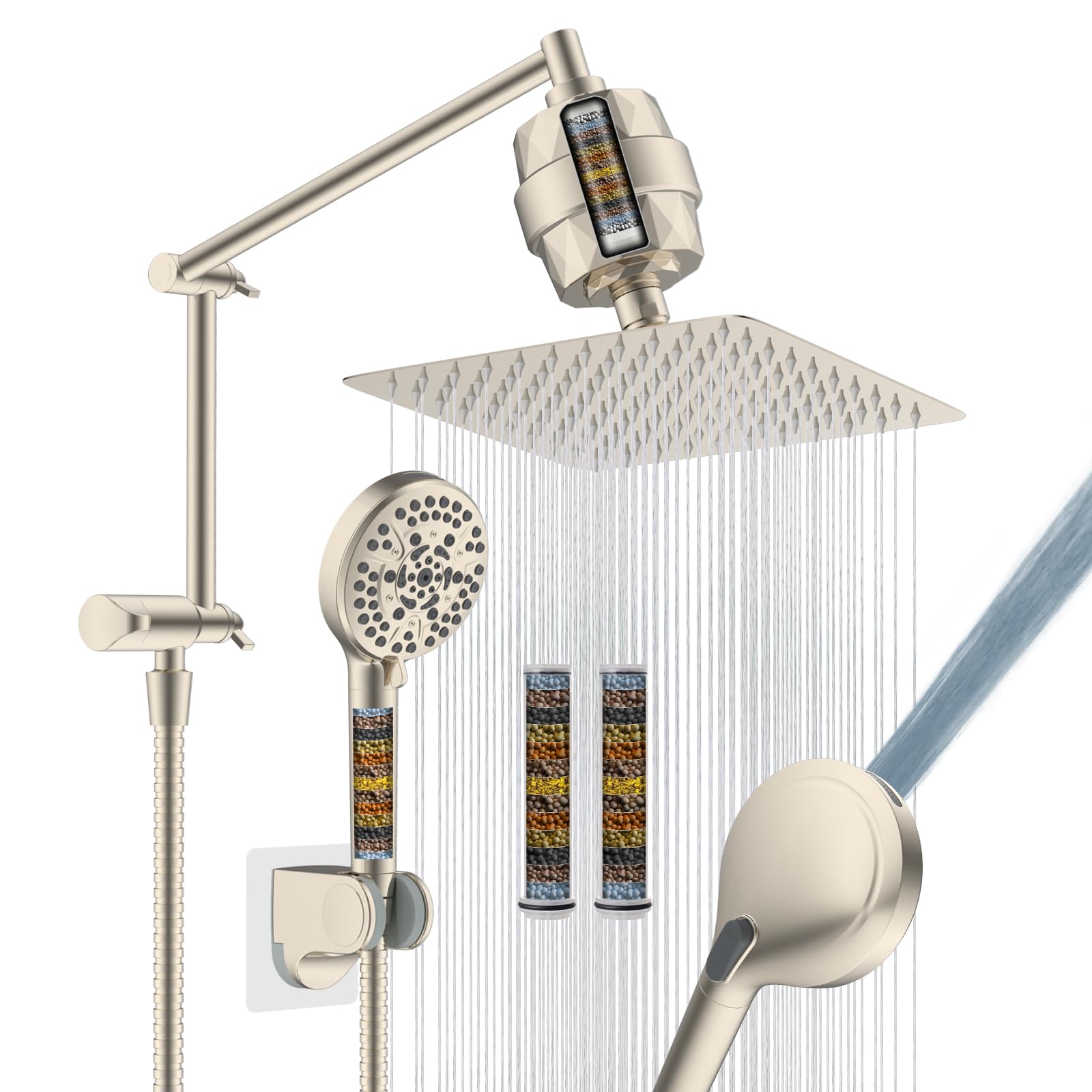 Cabezal de ducha de lluvia con filtro, cabezal de ducha de lluvia de alta presión de 10 pulgadas con combo de pulverización de mano, lavado eléctrico integrado de mano de 10 pulverizaciones, brazo de