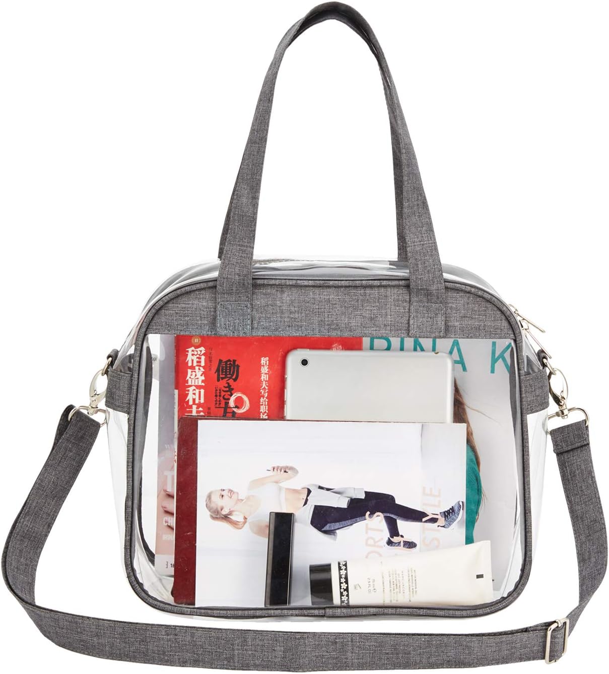 Clear Tote Bag Stadium Approved, Clear Purse for Gym, Work, Travel or Concert, Grey, 12.5" x 10" x 4.5"