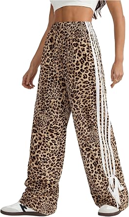Floerns Women's Y2K Bow Striped Leopard Print Wide Leg Pants