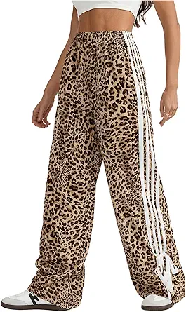 Floerns Women's Y2K Bow Striped Leopard Print Pants Elastic High Waisted Wide Leg Trousers