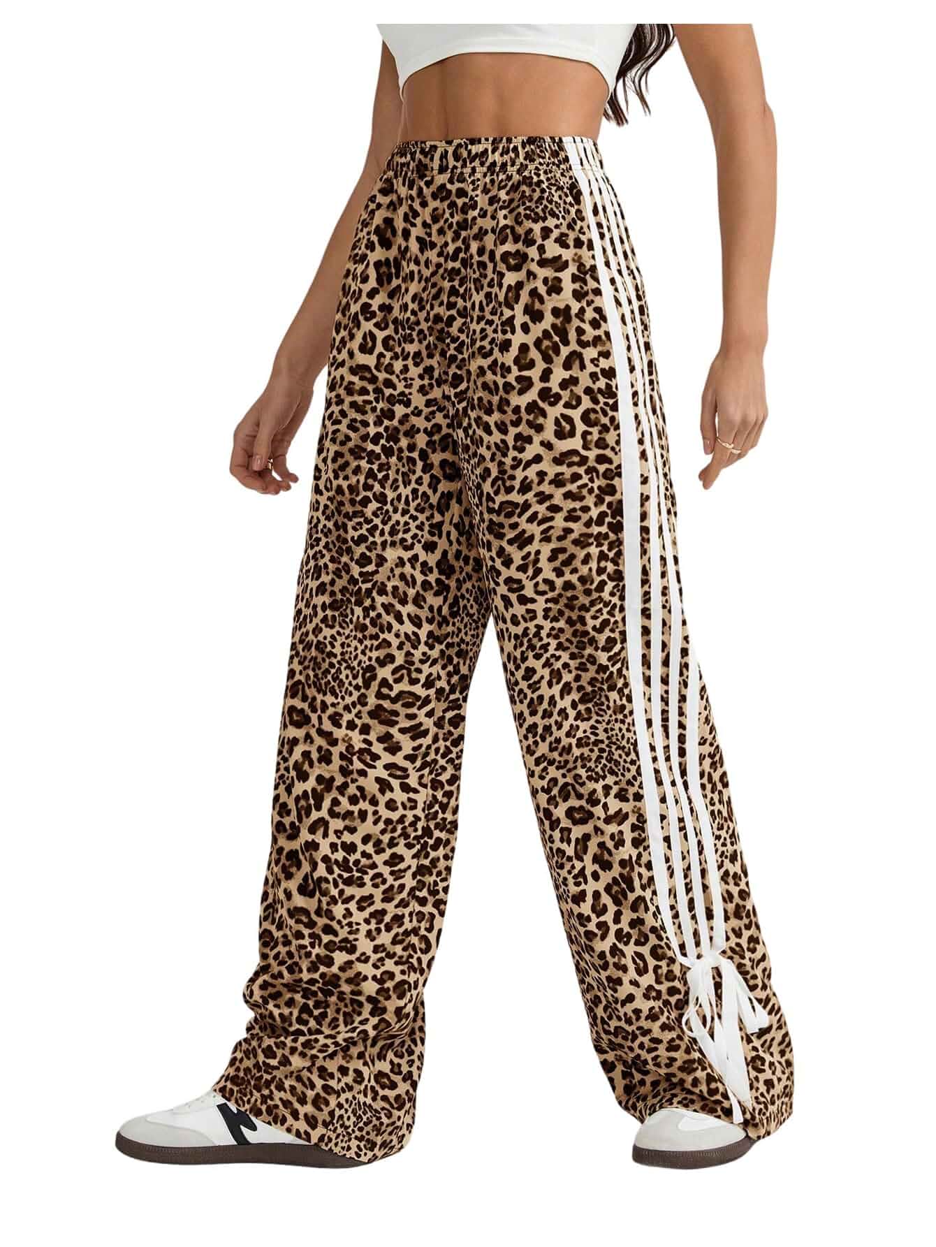 Floerns Women's Y2K Bow Striped Leopard Print Wide Leg Pants Cheetah Print, Elastic High Waisted, 90s, Fall, Animal, Streetwear Trousers, Retro 90s Look