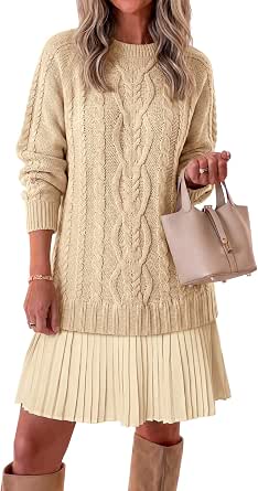 Saodimallsu Women's Cable Knit Sweater Dress with Pleated Skirt