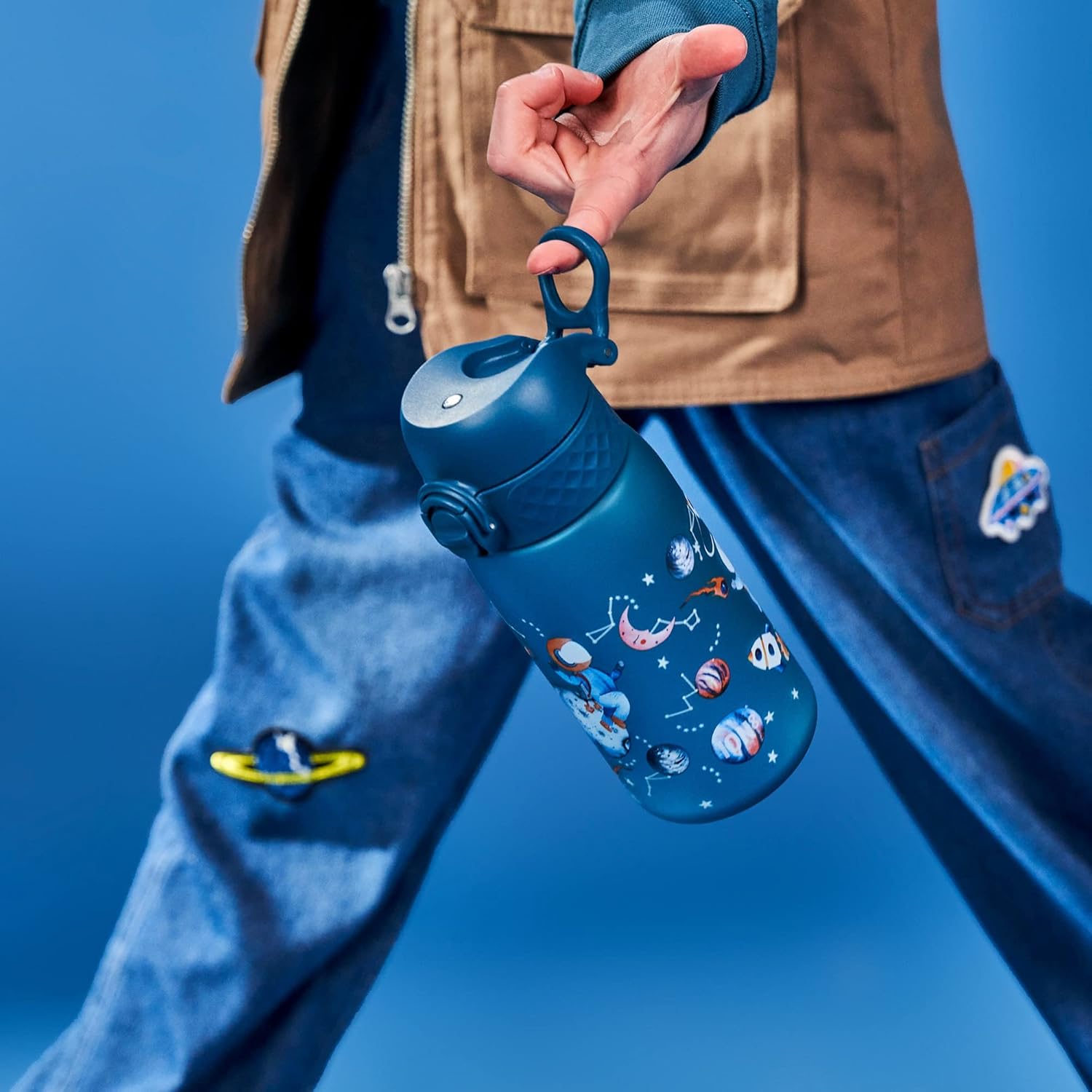 ION8 Small Water Bottle, 350 ml/12 oz, Leak Proof, Easy to Open, Secure Lock, Dishwasher Safe, BPA Free, Carry Handle, Flip Cover, Easy Clean, Odor Free, Carbon Neutral, Deep Teal, Space Travel Design - Image 4