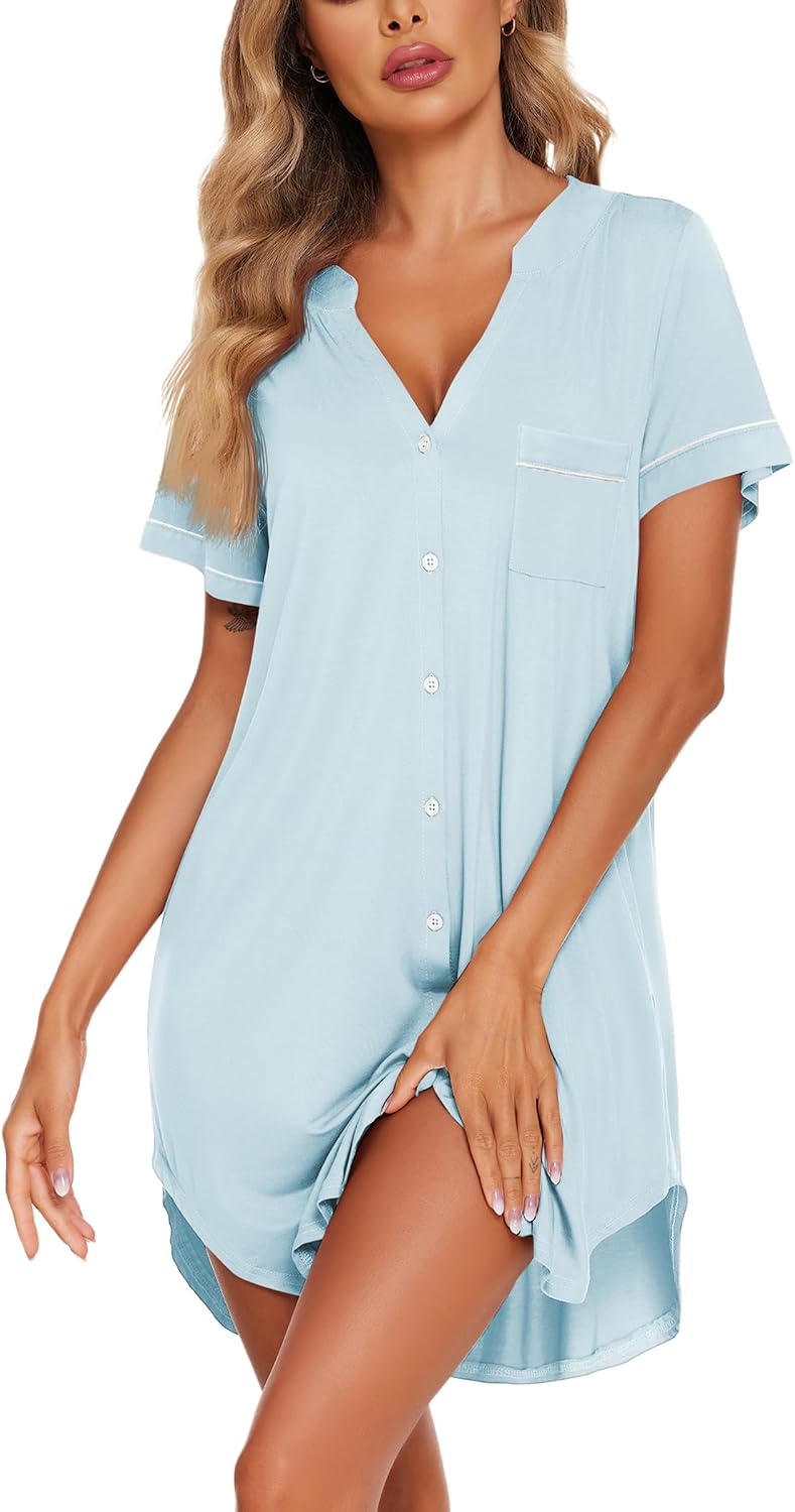 Ekouaer Nightgowns for Women Button Down Night Gown Short Sleeve Sleepshirt image 2