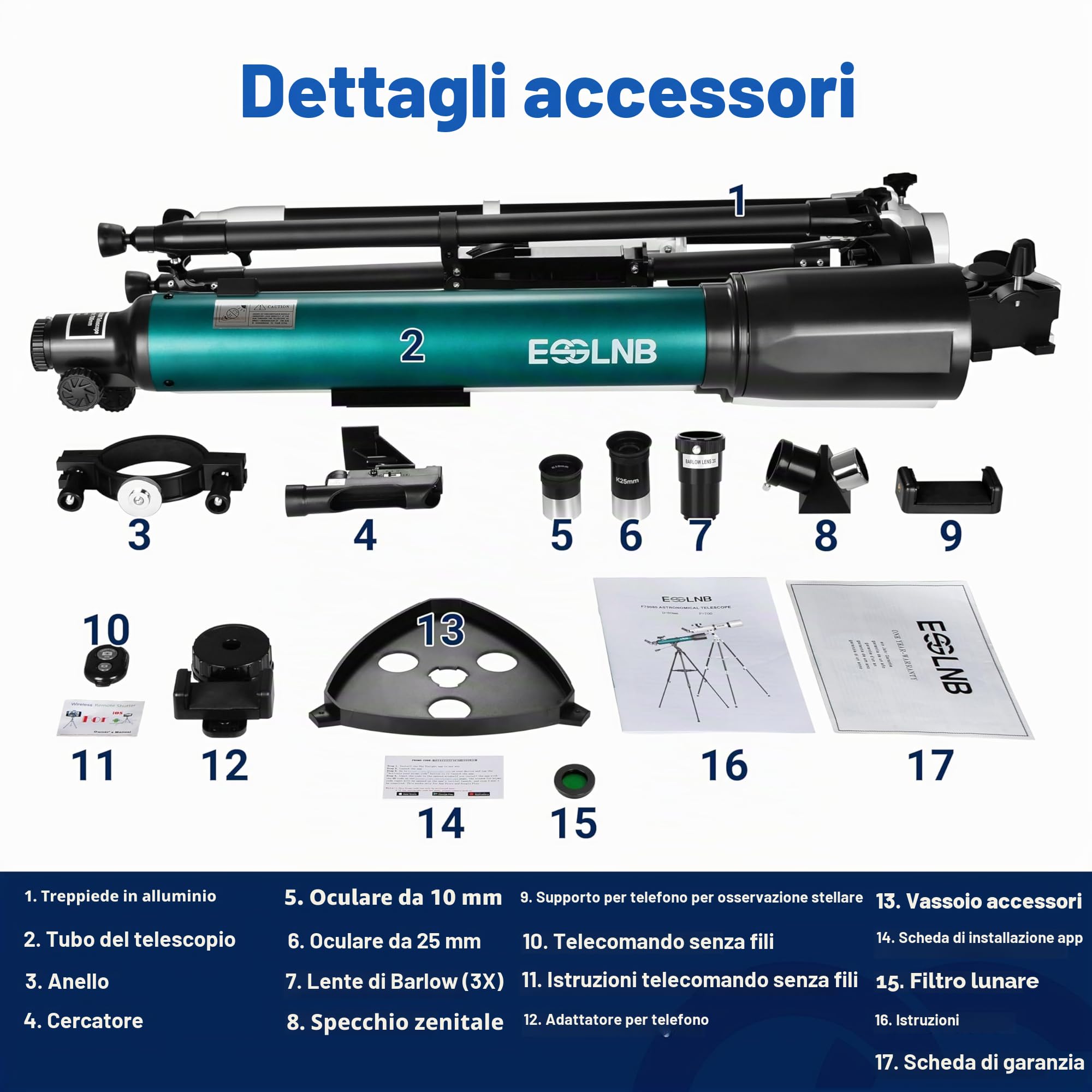 ESSLNB Telescopio 70080 Telescopio per Astronomia per Adulti con APP Stargazing Adattatore per Smartphone, Treppiede Regolabile, Mirino elettronico e Telecomando Wireless (Verde)