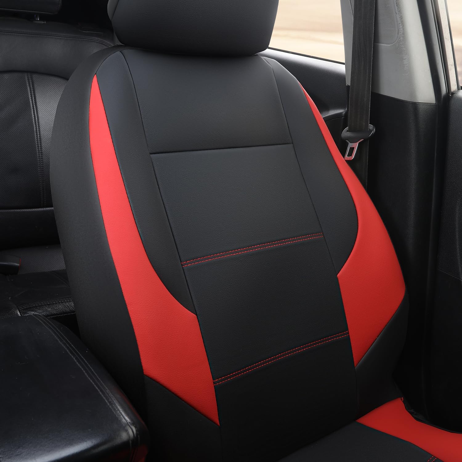 GIANT PANDA Front Car Seat Cover for Hyundai, Faux Leather Bucket Seat Covers Custom Fit Hyundai Sonata Elantra Santa Fe Tucson Accent Kona Palisade Genesis Venue Ioniq (Red+Black) 2-Pack