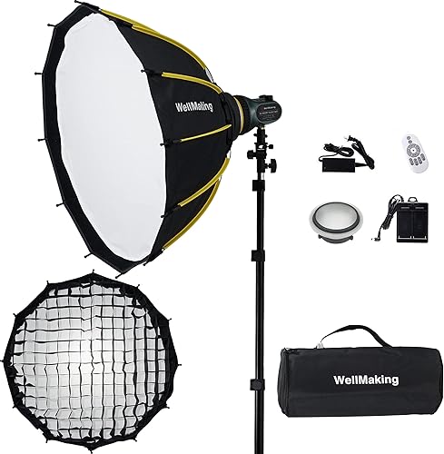 WELLMAKING Caja de luz plegable dodecágono de 26 pulgadas256in con anillo de velocidad de montaje Bowens y panal de abeja a juego 80 W luz LED