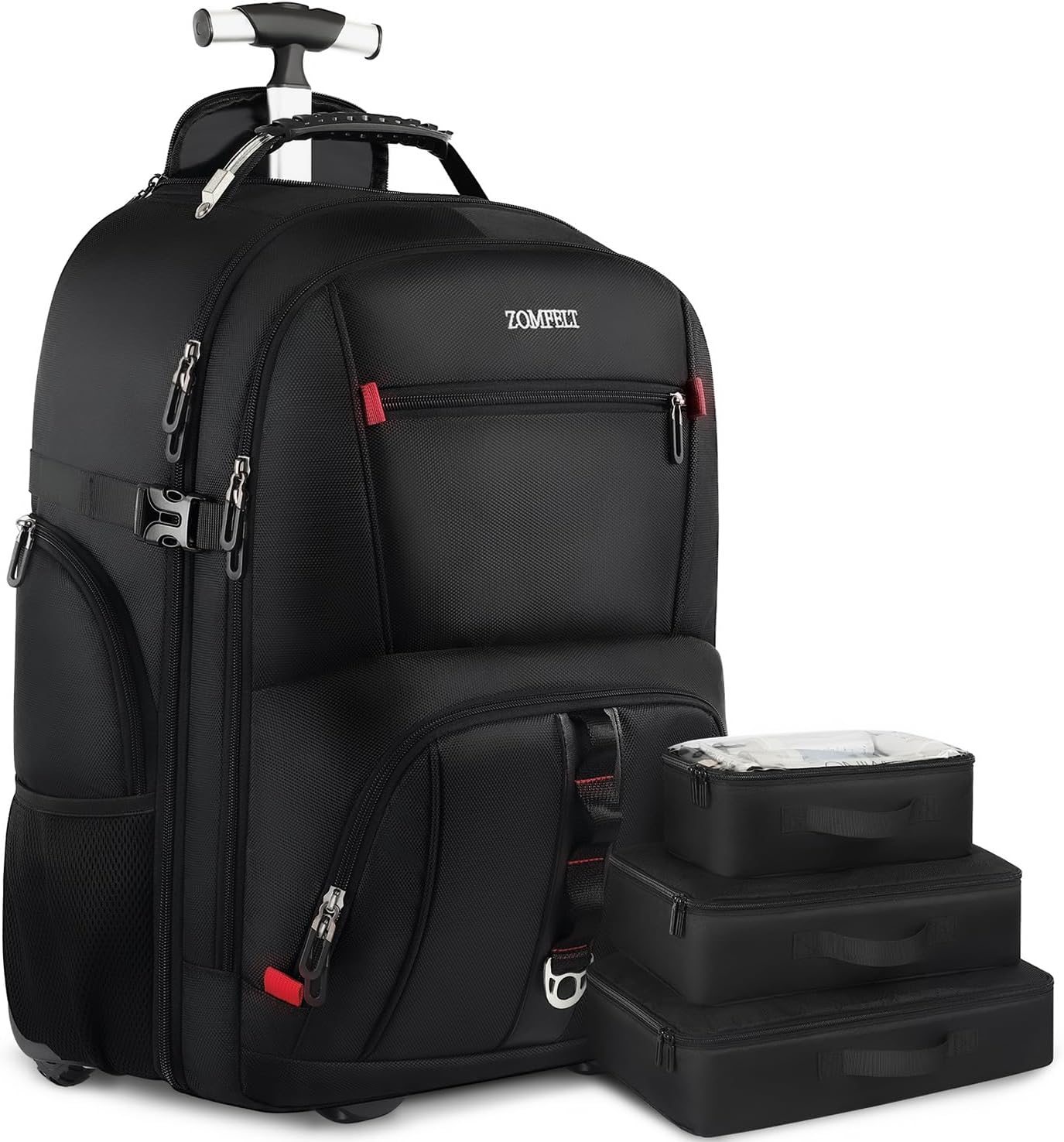 ZOMFELT Backpack with Wheels, 18.4 Inch Rolling Backpack for Men Women, Waterproof Rucksack on Wheels with 3 Packing Cubes, Laptop Roller Cases for Business Work College School, Black