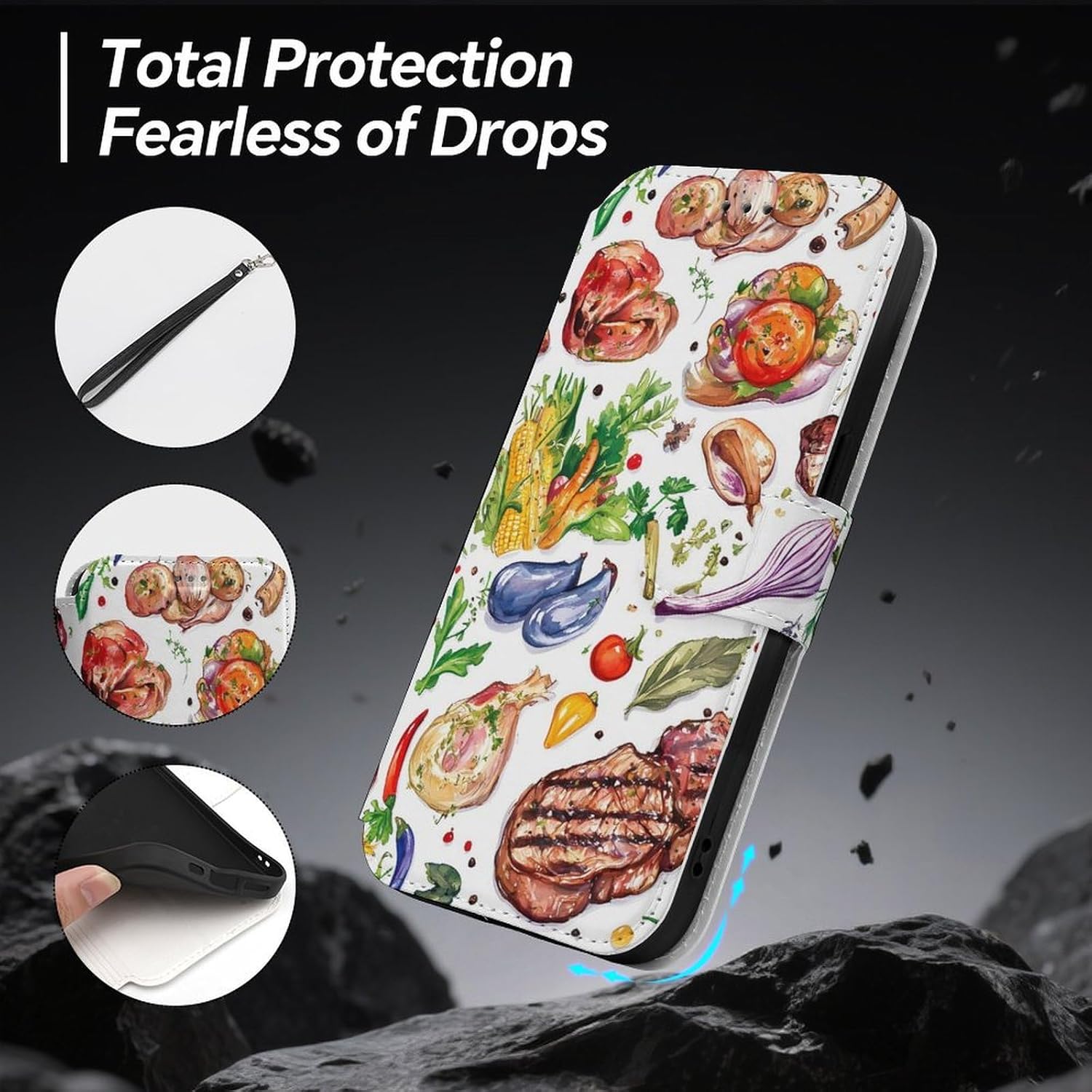 Steak Meat Barbecue Compatible with iPhone 16/16 Plus/16 Pro/16 Pro Max/16 E Case Phone Wallet Card Holder Flip Cover with Wrist Strap