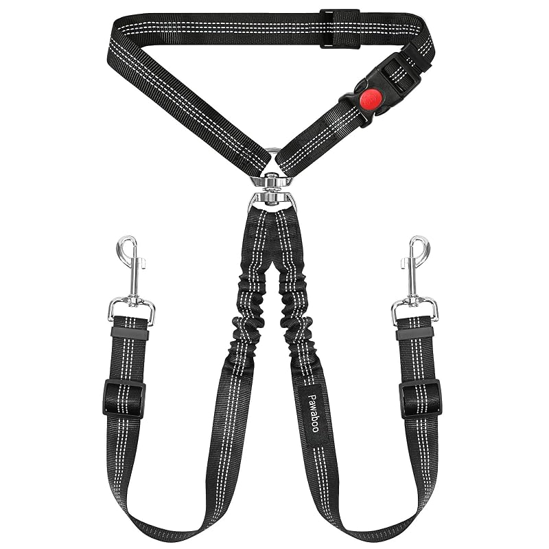 Cinto de Segurança para 2 Cães Pawaboo com Guia Dupla em Y, Nylon, Ajustável e Refletivo AA-Black + Silver