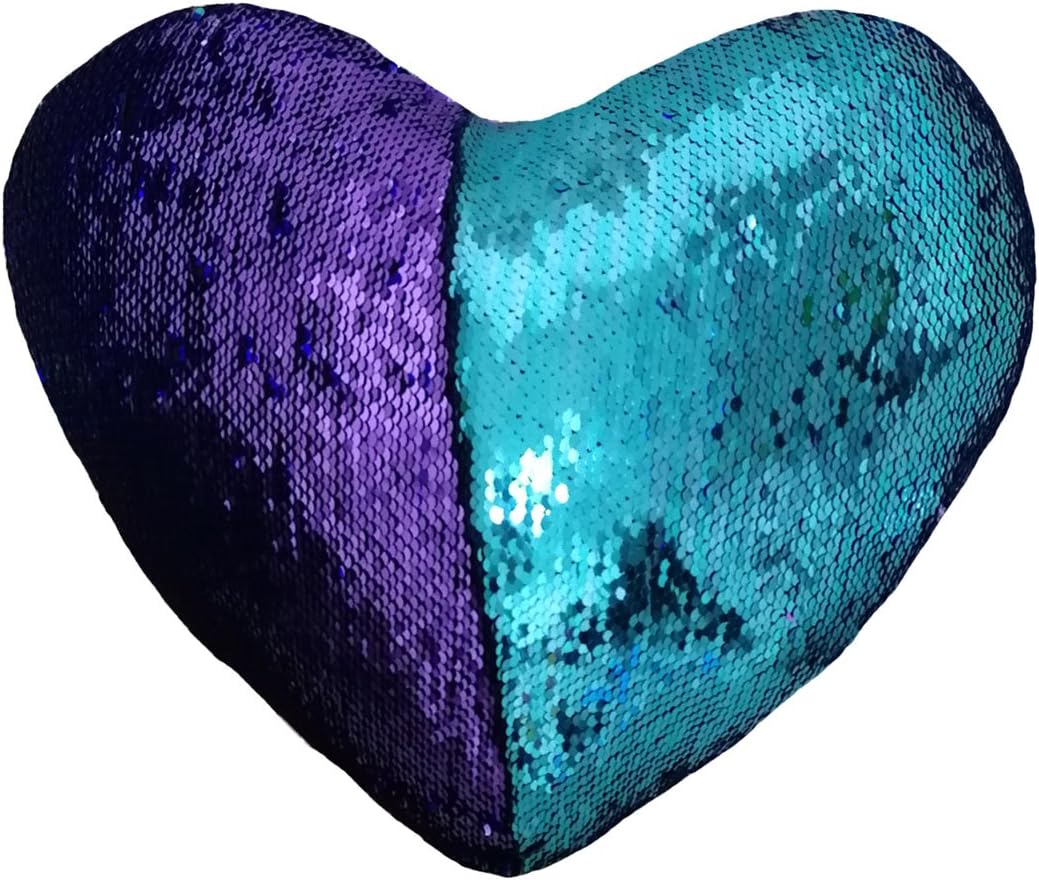 J-hong Mermaid Throw Pillow with Insert,Two-Color Heart Shape Reversible Sequins Decorative Pillow. 13''×15'' (Bright Green+Bright Purple)