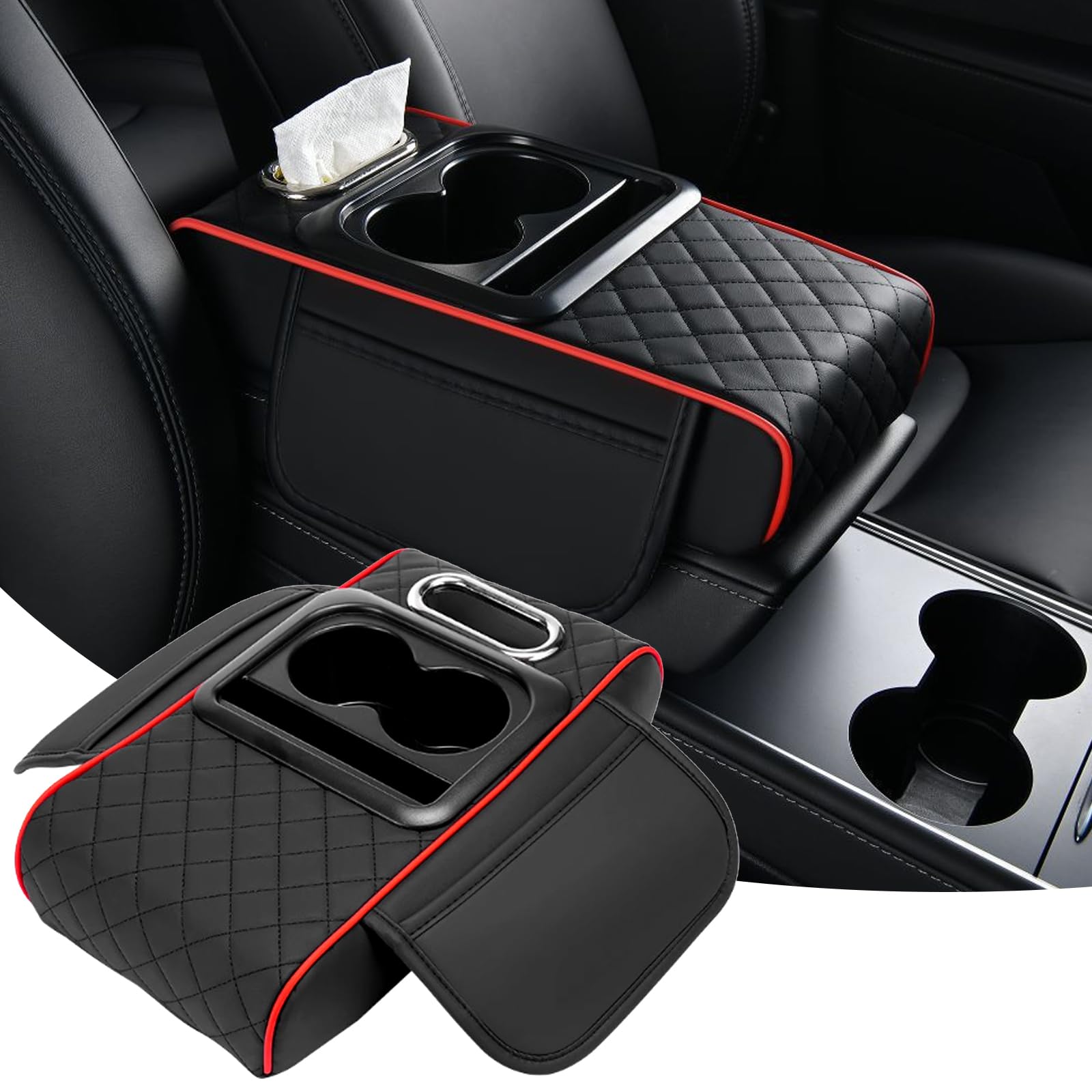 Car Armrest Cushion, 5 in 1 Center Console Cover with 2 Cup Holders, Phone Holder, Tissue Holder, Storage Bag, Multifunctional Leather Heightened Car Armrest Cushion for Most Cars-image-13