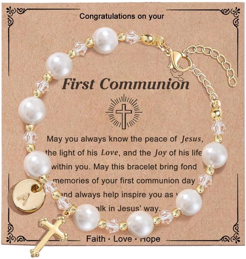 Initial A-Z Letter First Communion Gifts for Girls,Rosary Pearl Cross Bracelet for Christian Catholic Goddaughter