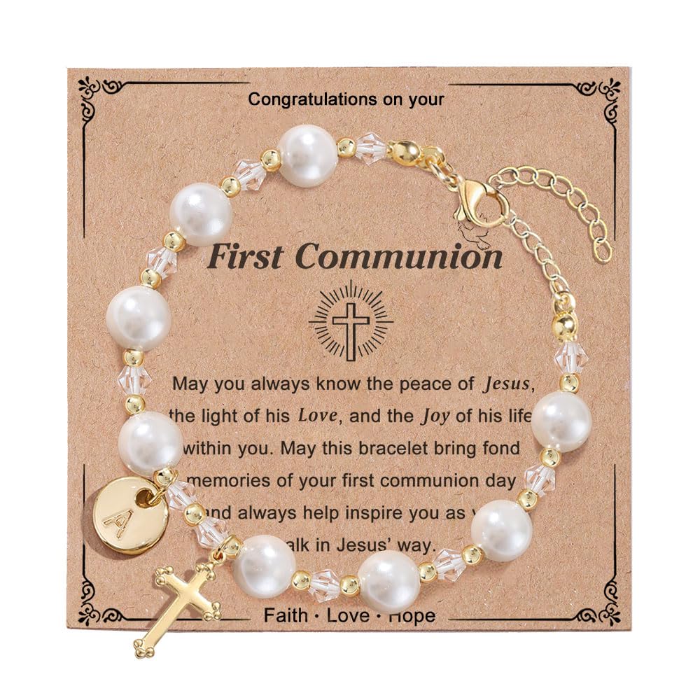 Initial A-Z Letter First Communion Gifts for Girls,Rosary Pearl Cross Bracelet for Christian Catholic Goddaughter