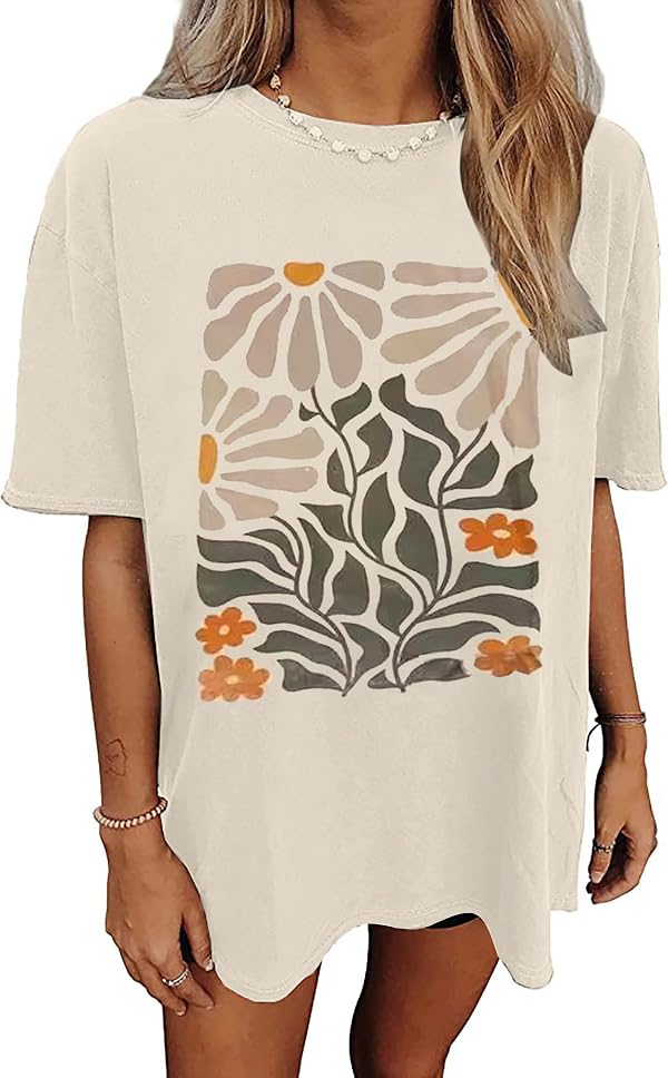 Womens Oversized Tshirt Flower Graphic Tees Nashville Music Short Sleeve Shirts Summer Casual Loose Beach Tops (Apricot1,XL) by YIUIERE - Used condition - US$15.63