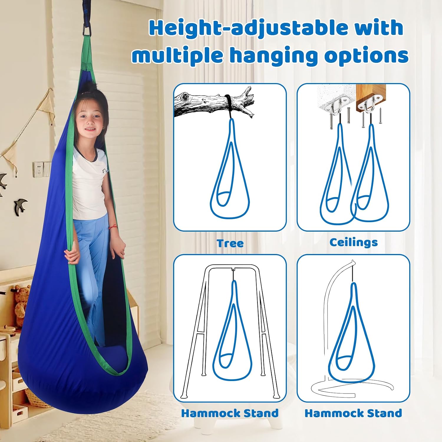 Sensory Pod Swing Hanging Seat for Kids Indoor and Outdoor Use Child Hammock Chair Loading Capacity 300 lbs (Blue)