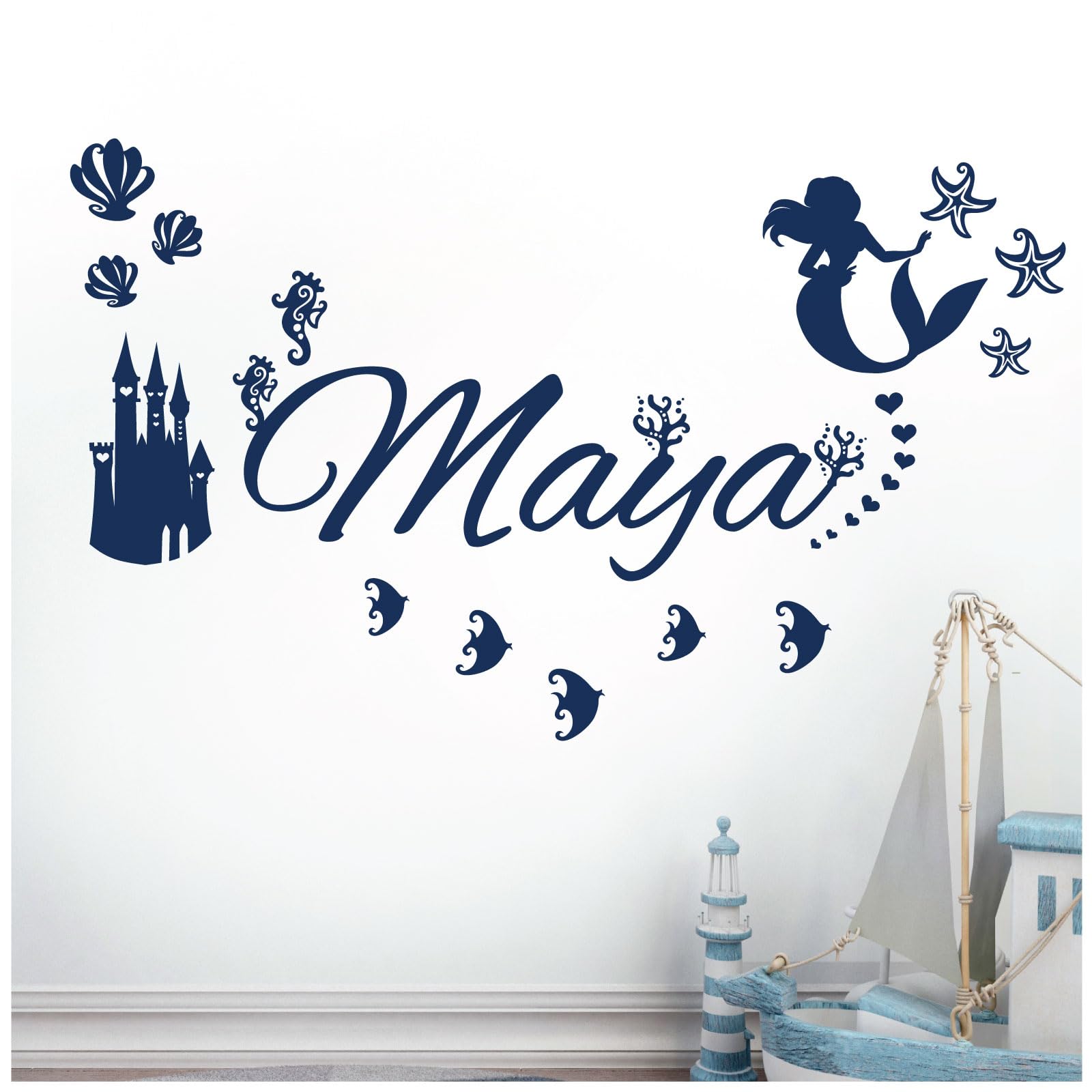 Personalised Name - Little Mermaid Inspired, Ocean, Castle, Starfish - Children's Bedroom Vinyl Wall Decal Sticker [Large] [Cobalt]