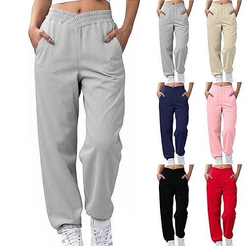 Sweatpants Women Baggy Stretchy Criss Cross High Waist Athletic Joggers Straight Legs Casual Fall Winter Pants - Gray - Large