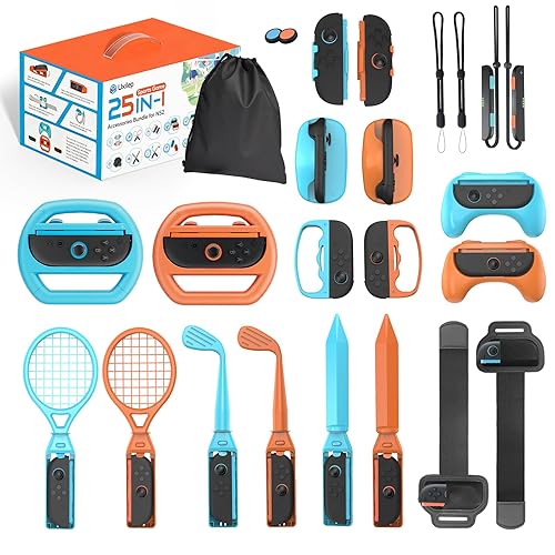 Uxilep Switch Sports Games Accessories Bundle for Nintendo Switch 2 (2025),25 in 1 Family Party Pack for Switch 2 Accessories Kit with Tennis Rackets,Golf Clubs,Chambara Swords,Leg Straps & Switch 2 Mouse
