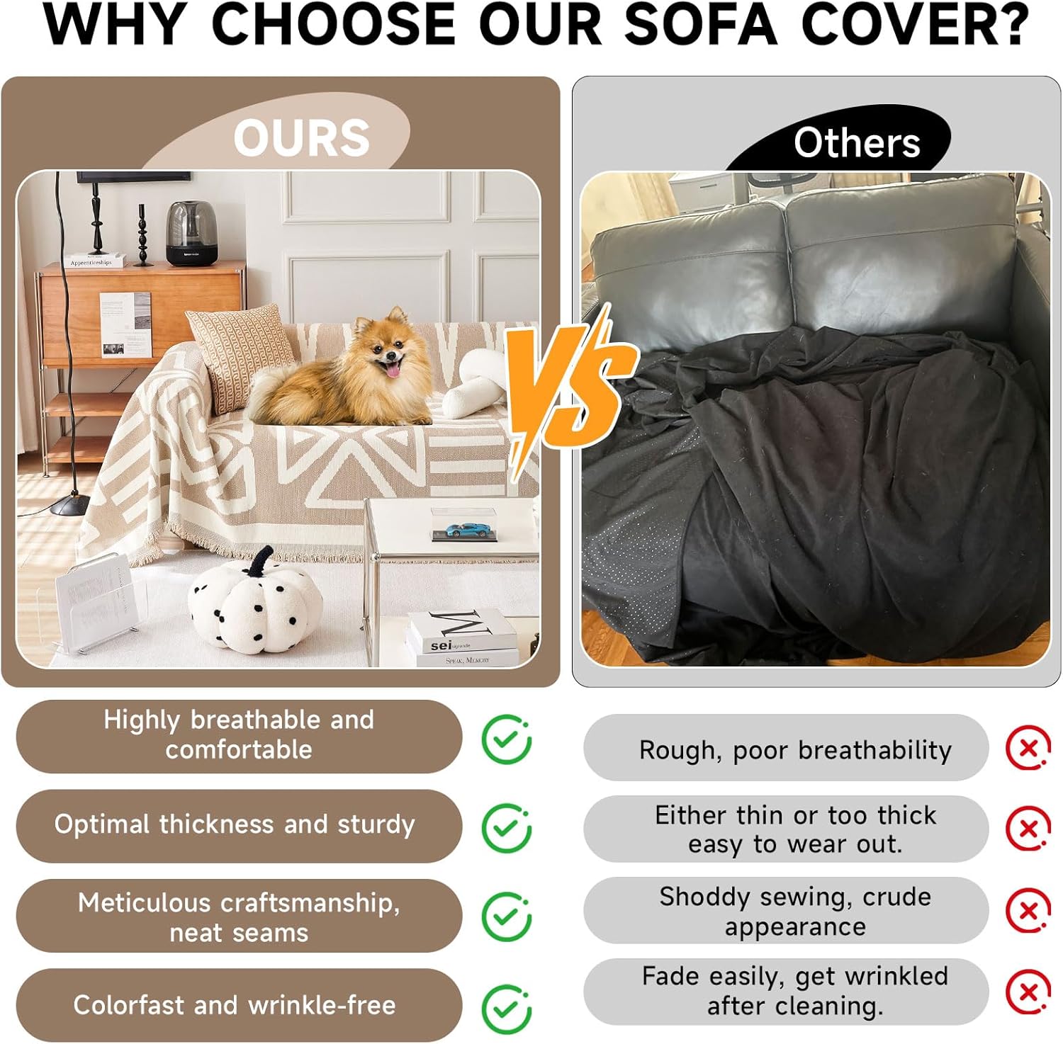 VClife Boho Couch Cover for 2 Cushion Couch Sofa Cover Thick Chenille Sectional Sofa Cover for Dog Modern Beige Khaki Cream White Plaid Triangle Sofa Slipcover Loveseat Cover Futon Covers 71''x118''