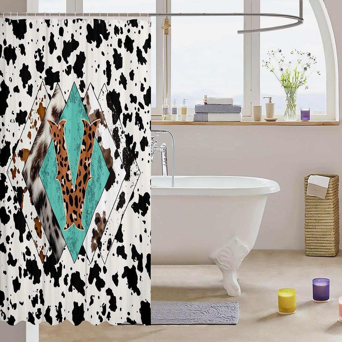 Rideau de douche lettre V taille L léopard monogramme alphabet imprimé cuir de vache rideau de bain pour adultes design rustique rétro rideaux de bain imperméables avec 12 crochets pour baignoire