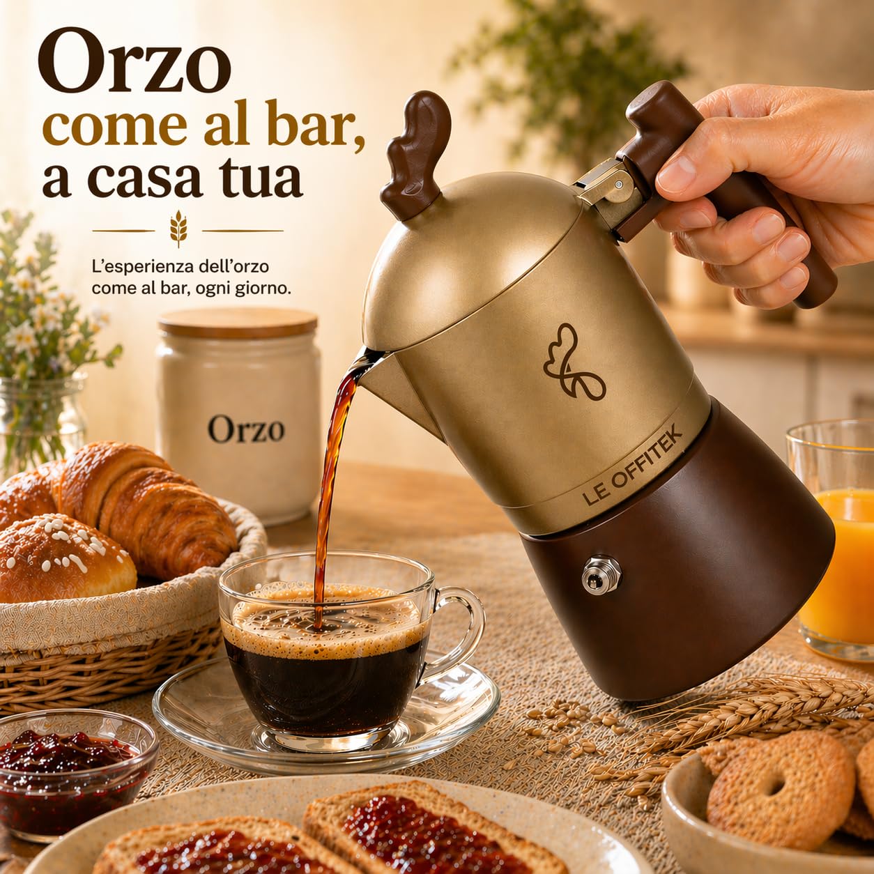 Orziera ORZE' 2 TZ, Alluminio, Alta qualità, Manico ergonomico, Valvola Anticalcare, Piastrina Filtro Acciaio Stirato