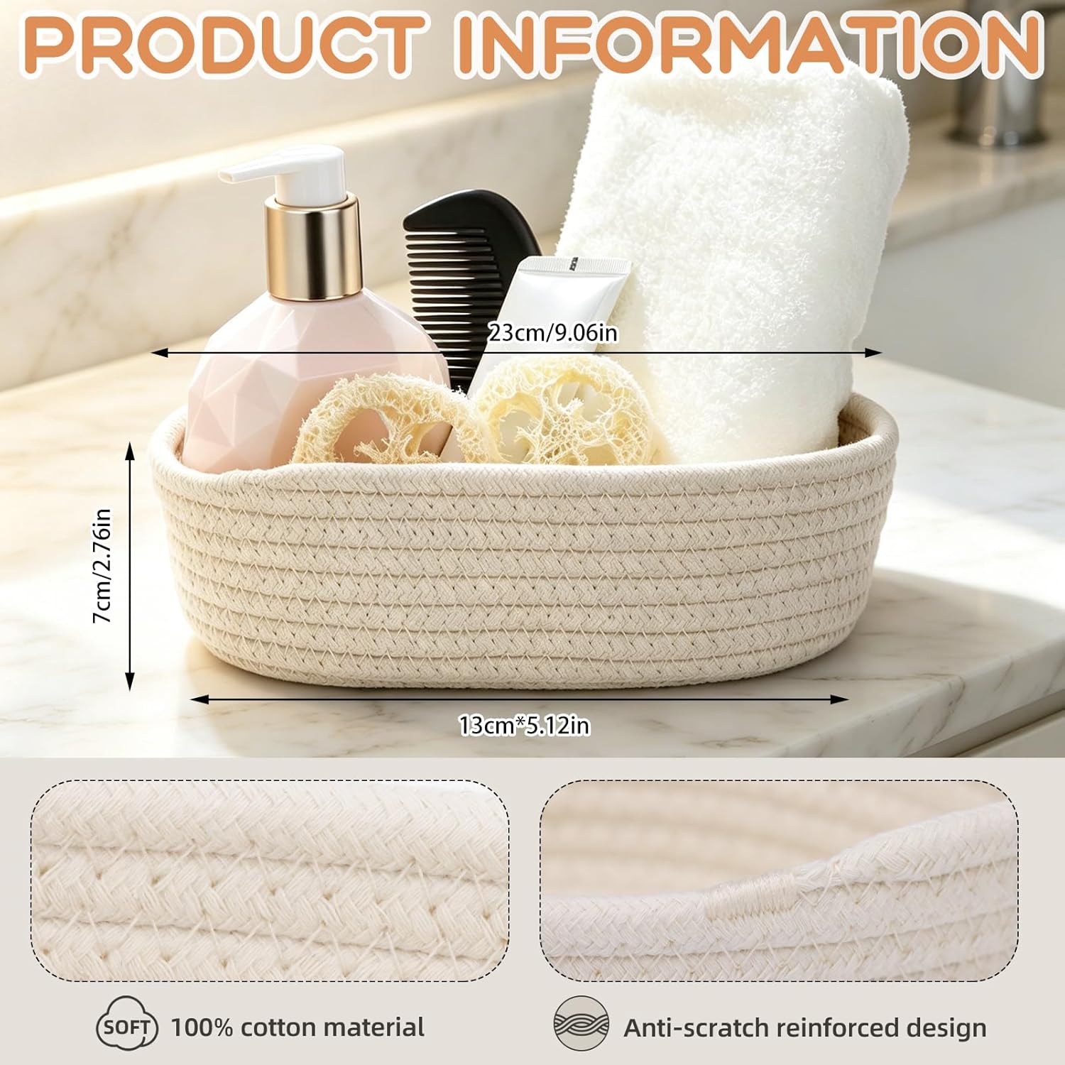 8 Pack Small Storage Basket with Gift Bag and Ribbon Oval Natural Cotton Rope Woven Basket Boho Decorative Storage Bin Gift Baskets for Home Organizing, Closet, Shelf, Nursery, Bathroom (Beige)