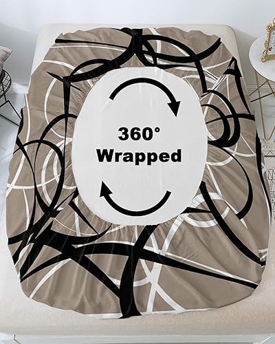 Miniatura 4 de Bedding Sábanas bajeras de tamaño Queen para colchón de bolsillo profundo de 5 a 16 pulgadas, rayas abstractas negro blanco sobre gris, sábana