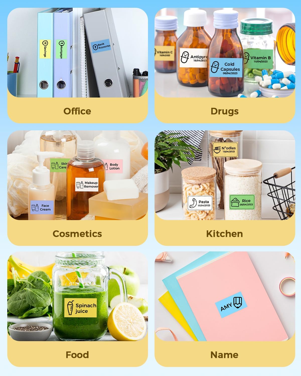 Various labeled items including office files, medicine bottles, cosmetics, kitchen containers, food, and name tags.