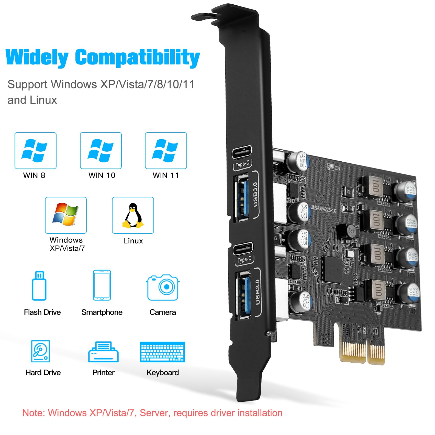 Tarjeta de expansión PCIe a 4 puertos USB 3.0, 5 Gbps USB PCI Express