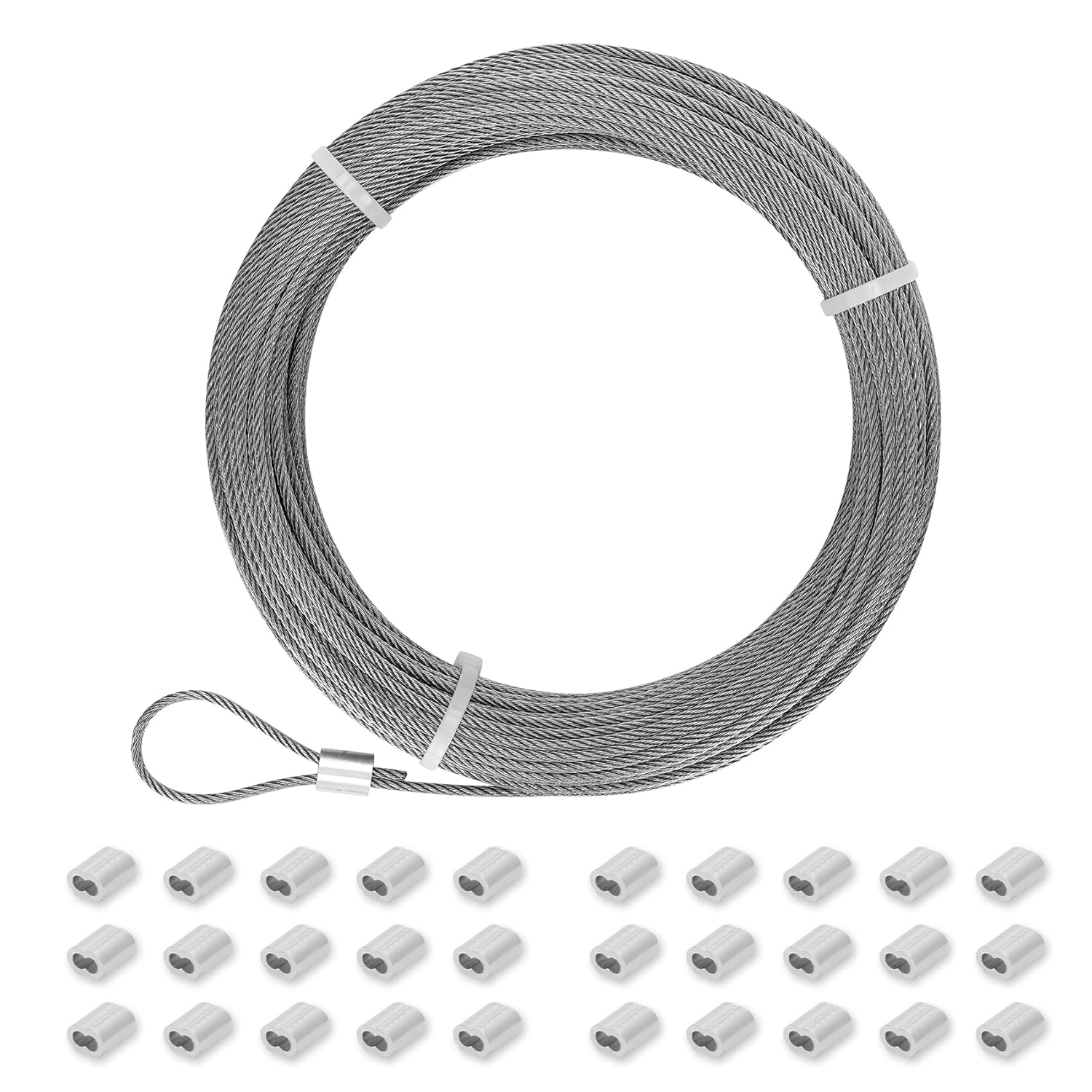 3/32 Stainless Steel Cable 100ft, 7x19 Strands Flexible Stainless Steel Aircraft Cable, Wire Rope for Deck Railing, String Light Hanging, Marine Rigging, Garden Wire with 30 M2.5 Crimping Loops