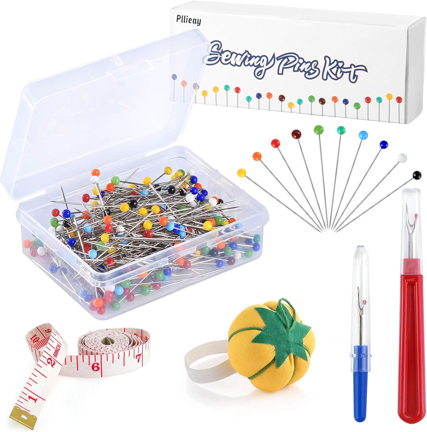 Pllieay 250 Pieces Sewing Pins 38mm Multicolor Glass Ball Head Pins Straight Quilting Pins Including Sewing Seam Ripper and Soft Tape Measure for Dressmaking Jewelry Components Flower Decoration