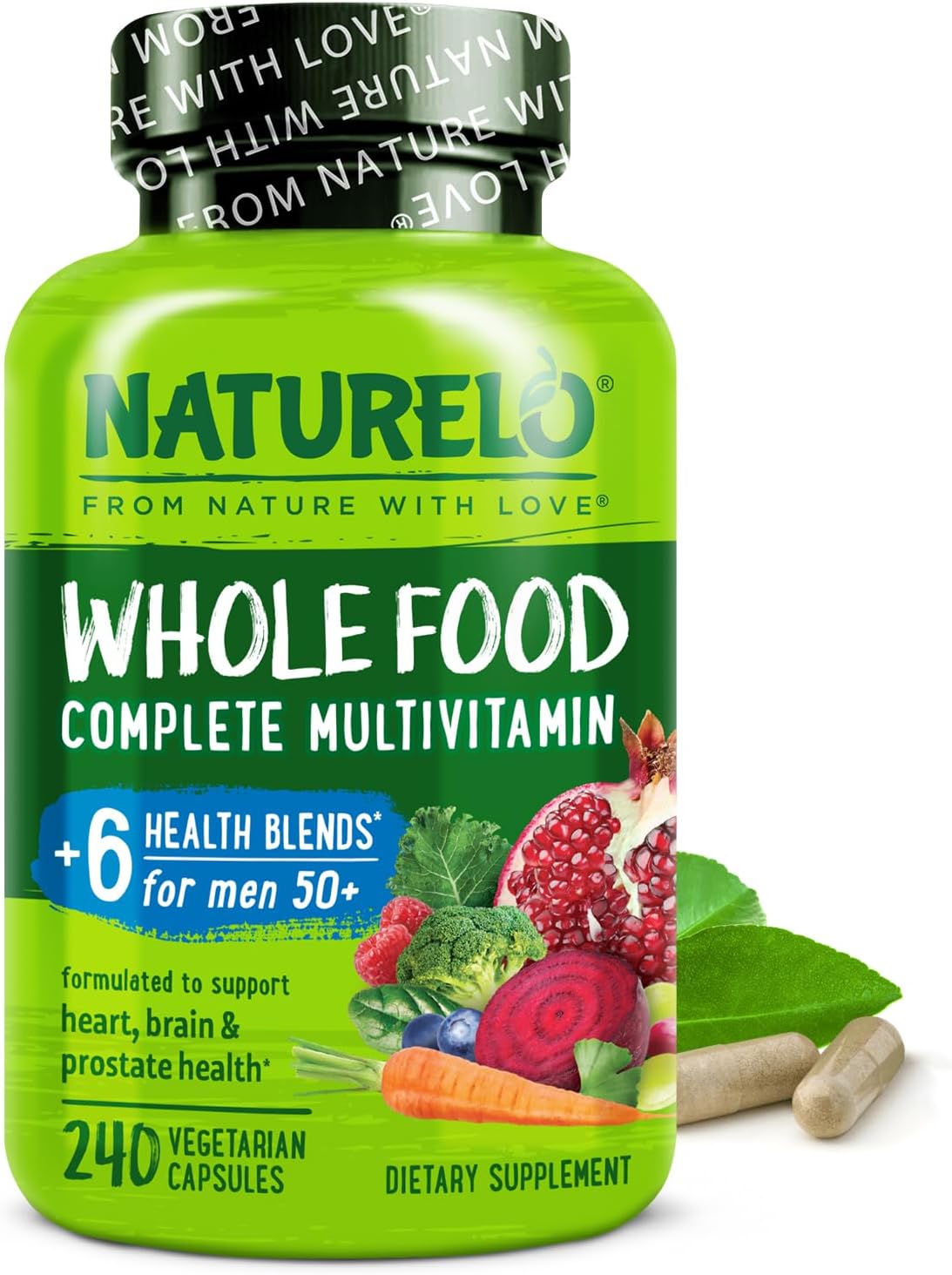 NATURELO Whole Food Multivitamin for Men 50+ – with Vitamins, Minerals, Organic Herbal Extracts – Vegan Vegetarian – for Energy, Brain, Heart and Eye Health – 240 Capsules
