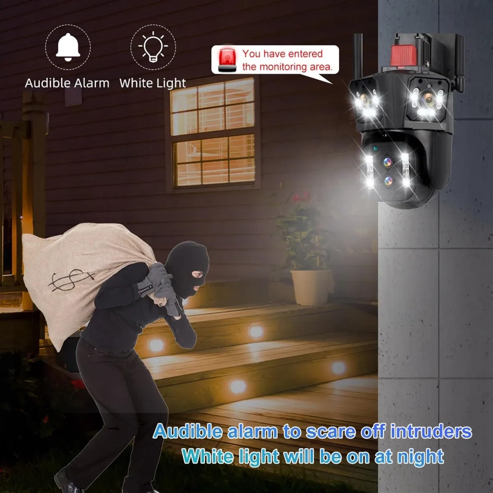 Telecamera di Sicurezza Esterna Telecamera IP 8K 4x4MP Esterna 6K PTZ Multi Obiettivo Tre schermi Zoom Ottico 10X Monitoraggio Automatico CCTV con Audio bidirezionale(8K 10xZoom ADD 32G)