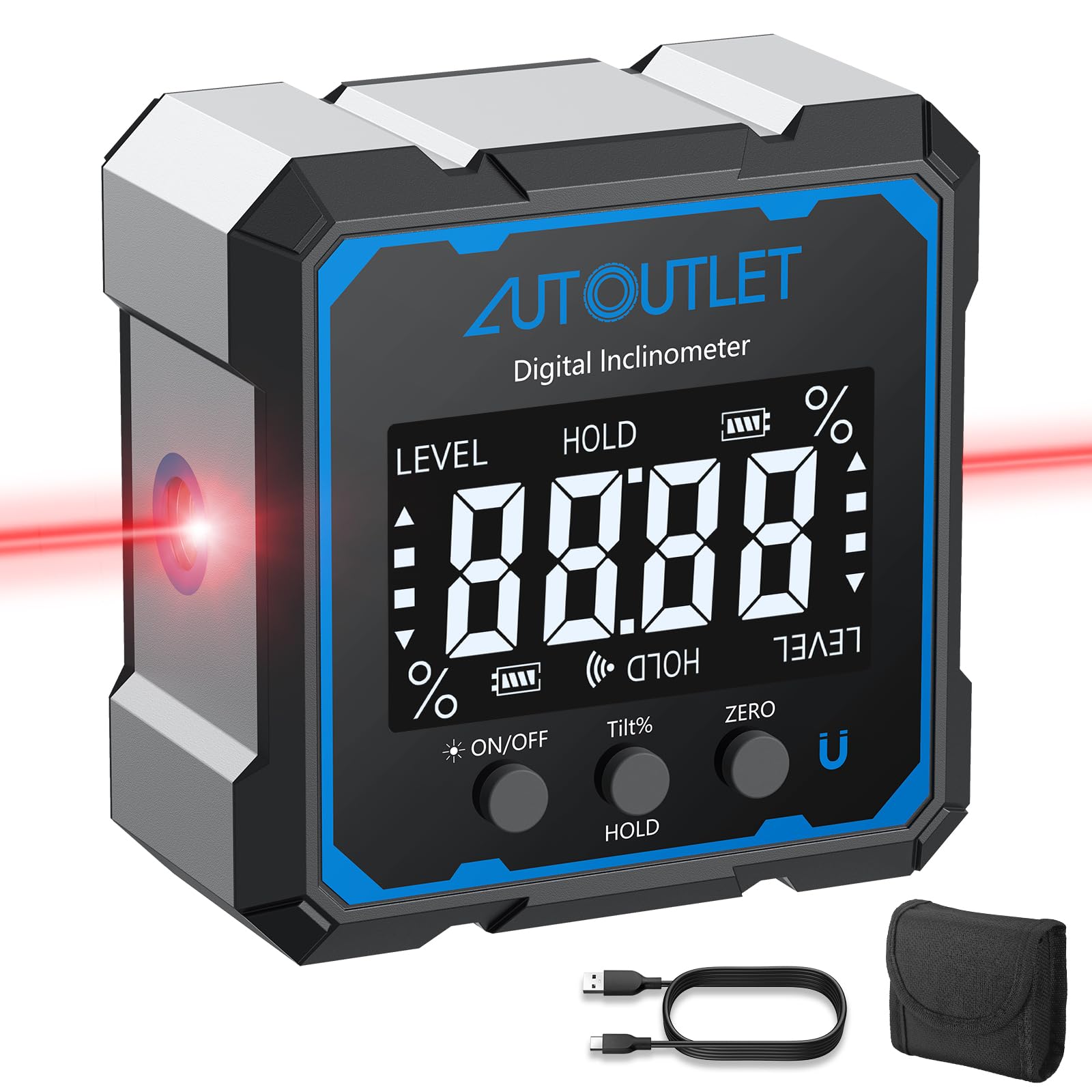 AUTOUTLET 4 * 90° Niveau à bulle numérique Laser linéaire des deux côtés Fixation magnétique sur les quatre côtés Rechargeable Pour Menuiserie Chantier Et Décoration