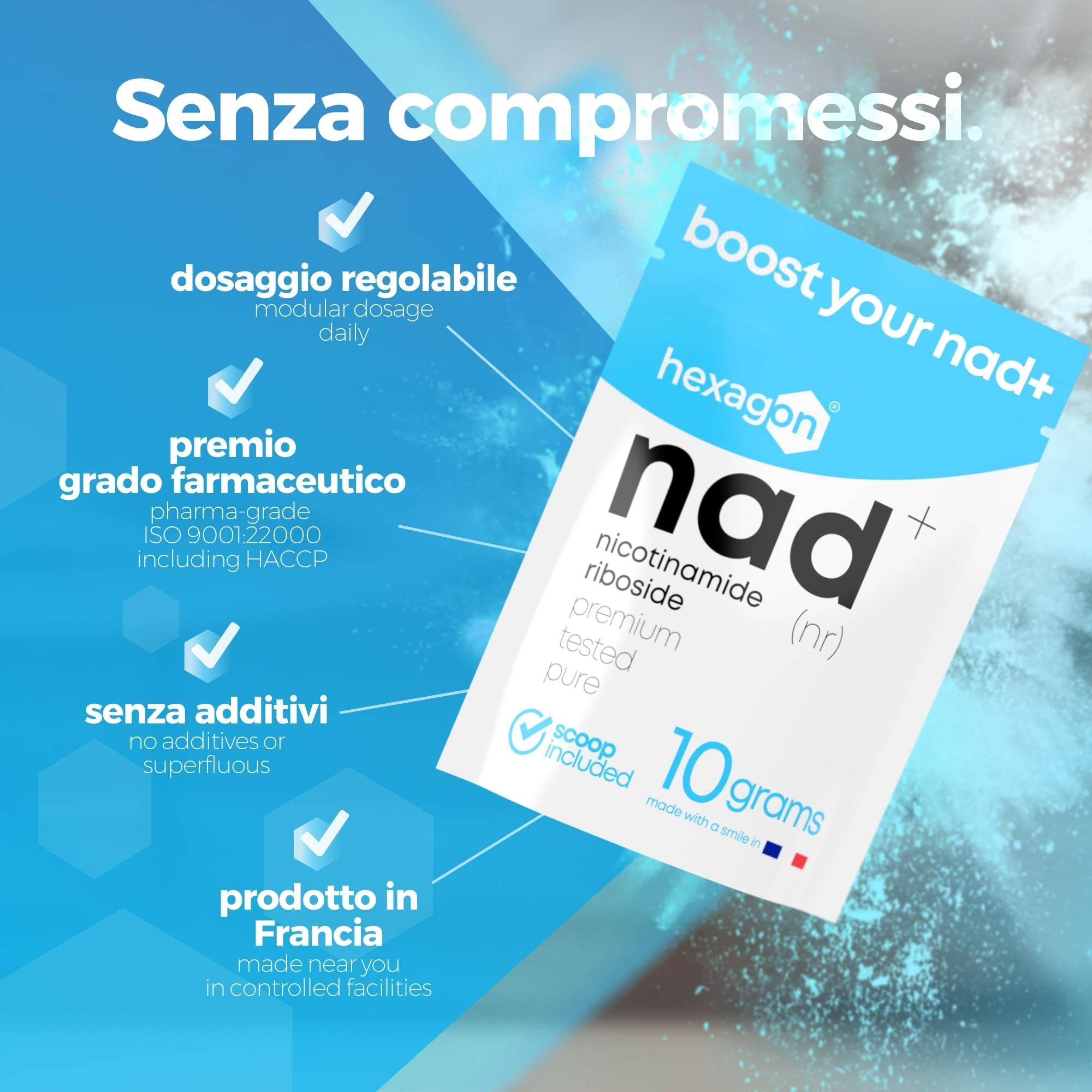 NAD+ Nicotinamide Riboside Chloride - Polvere 10 Grammi - +31 Giorni di Cura - Contro l'Età e la Stanchezza, NAD Booster - Made in France - Hexagon
