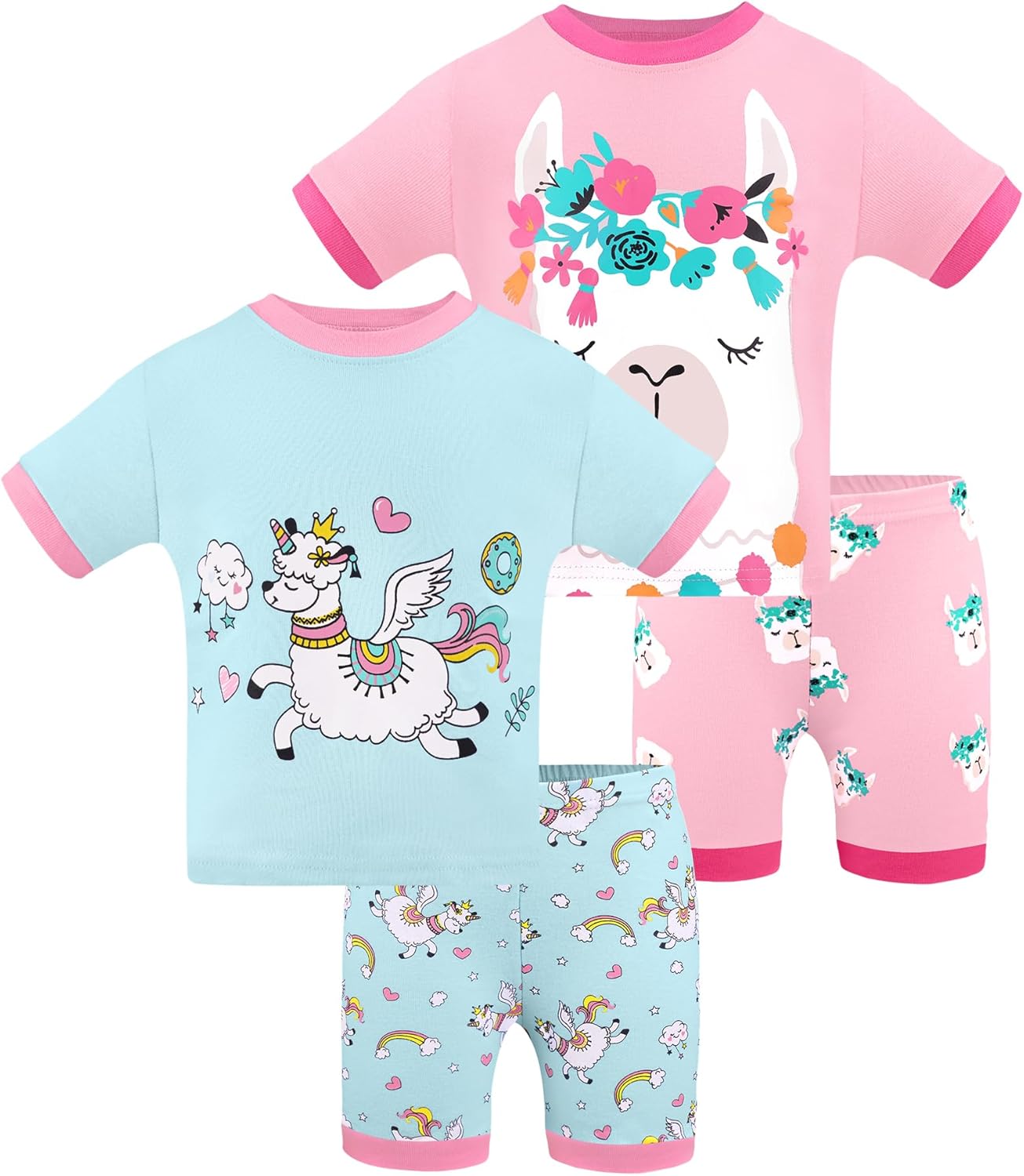 DAUGHTER QUEEN Girls Summer Pajamas Set 4 Pieces 100% Cotton Sleepwear Size 18 Months-12 Years