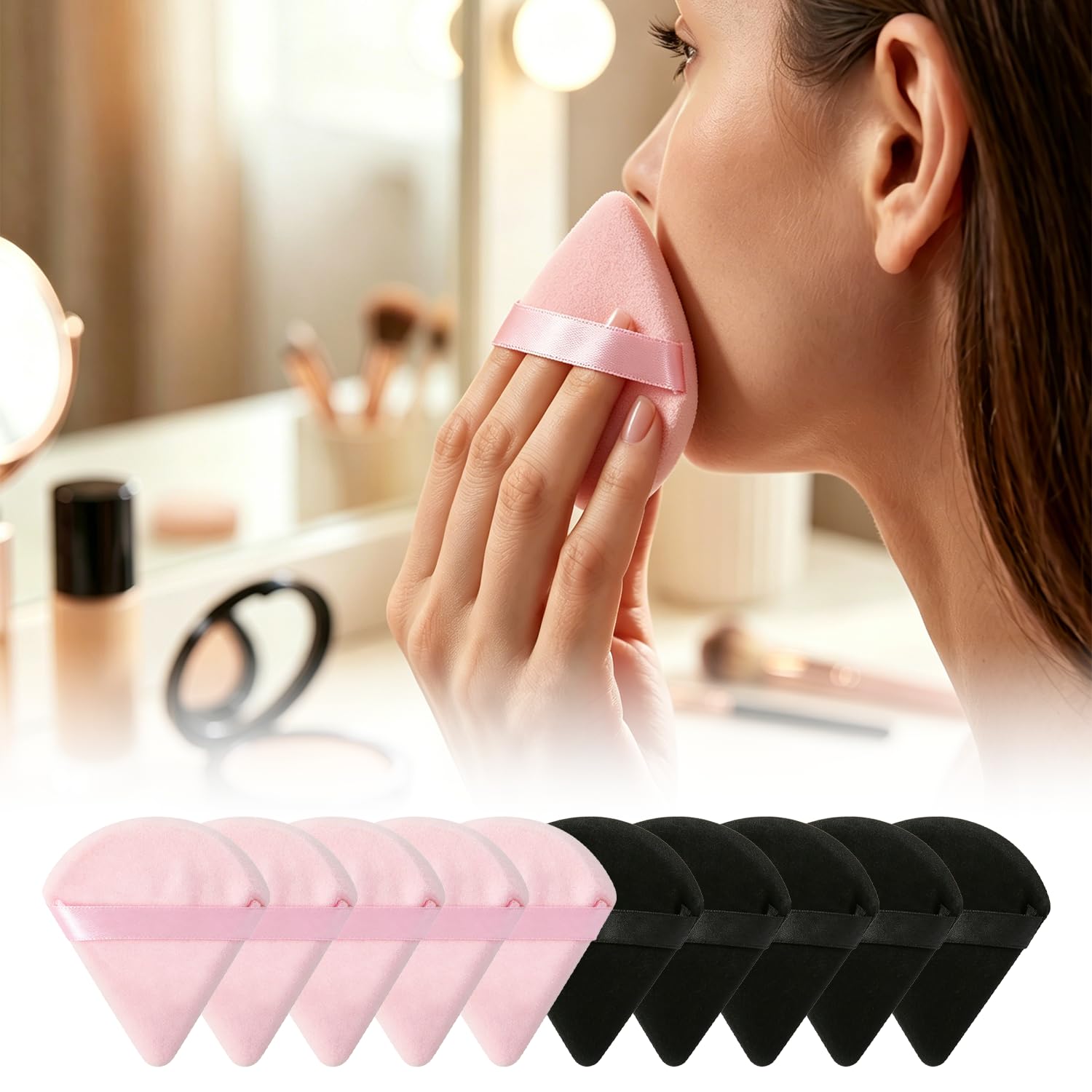Set of 10 Triangular Cosmetic Powder Puffs, Soft And Reusable, Ideal for Applying Foundation And Loose Powder on The Face And Body, Suitable for Both Wet And Dry Makeup(Pink&Black)