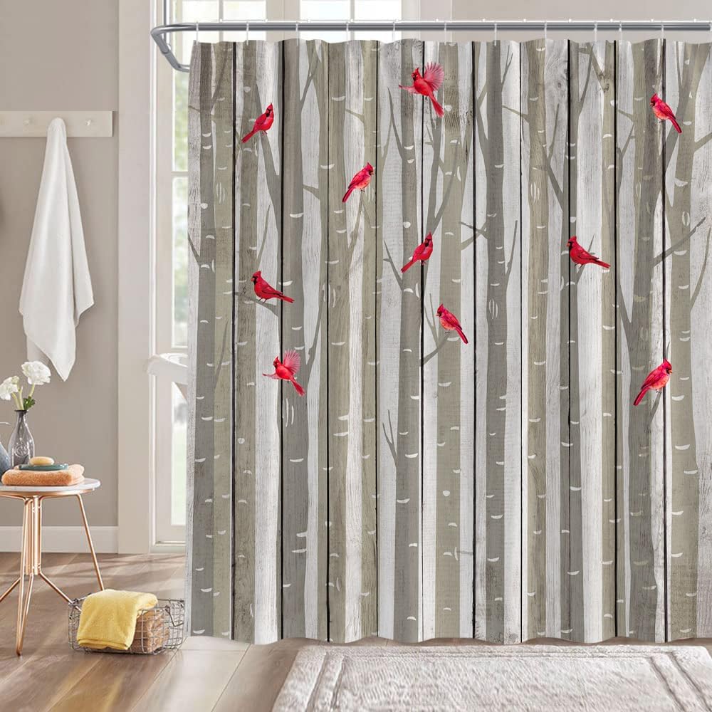 GCTNBJL Tree Bird Shower Curtain Brown Birch Tree Forest Red Bird Rustic Fall Nature Extra Long Bathroom Home Curtain with Hooks,70x78 Inch