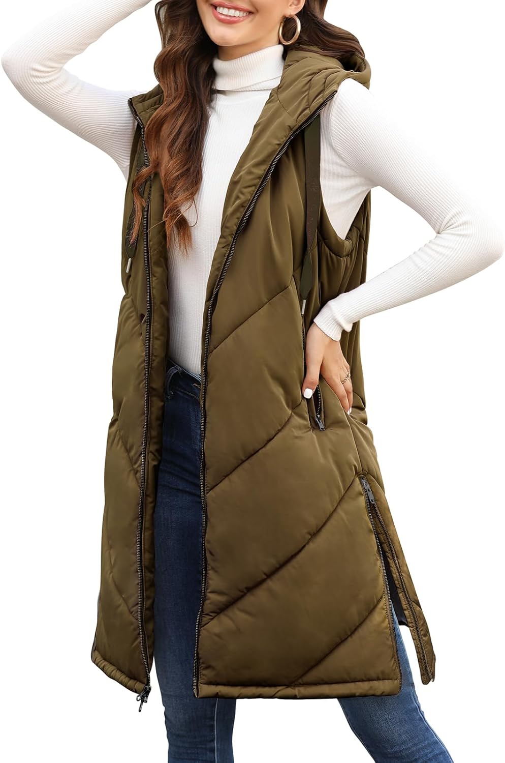 HEEKPEK Womens Puffer Vest Sleeveless Hooded Long Puffy Vests Zip Up Quilted Thick Winter Jackets Outerwear with Pockets