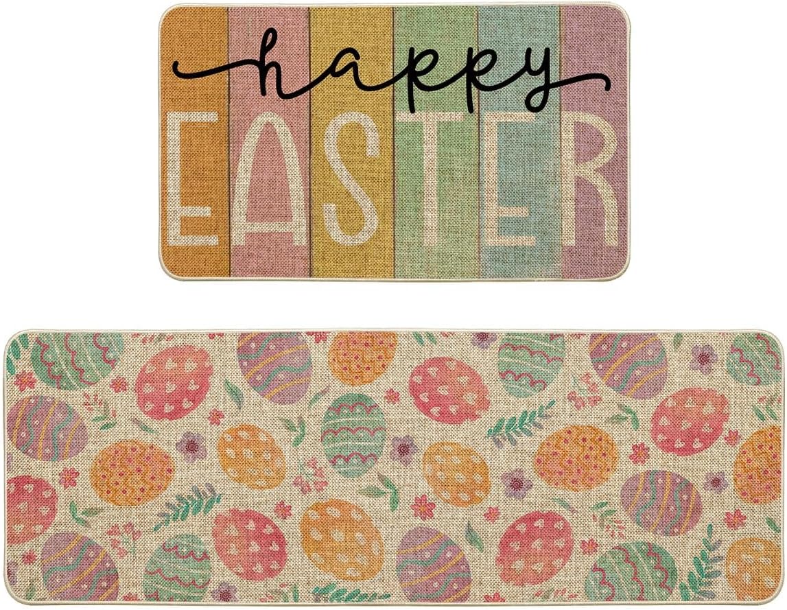 Artoid Mode Colorful Eggs Happy Easter Kitchen Mats Set of 3, Spring Home Decor Low-Profile Kitchen Rugs for Floor - 17"x29"+17"x36"+17"x47"