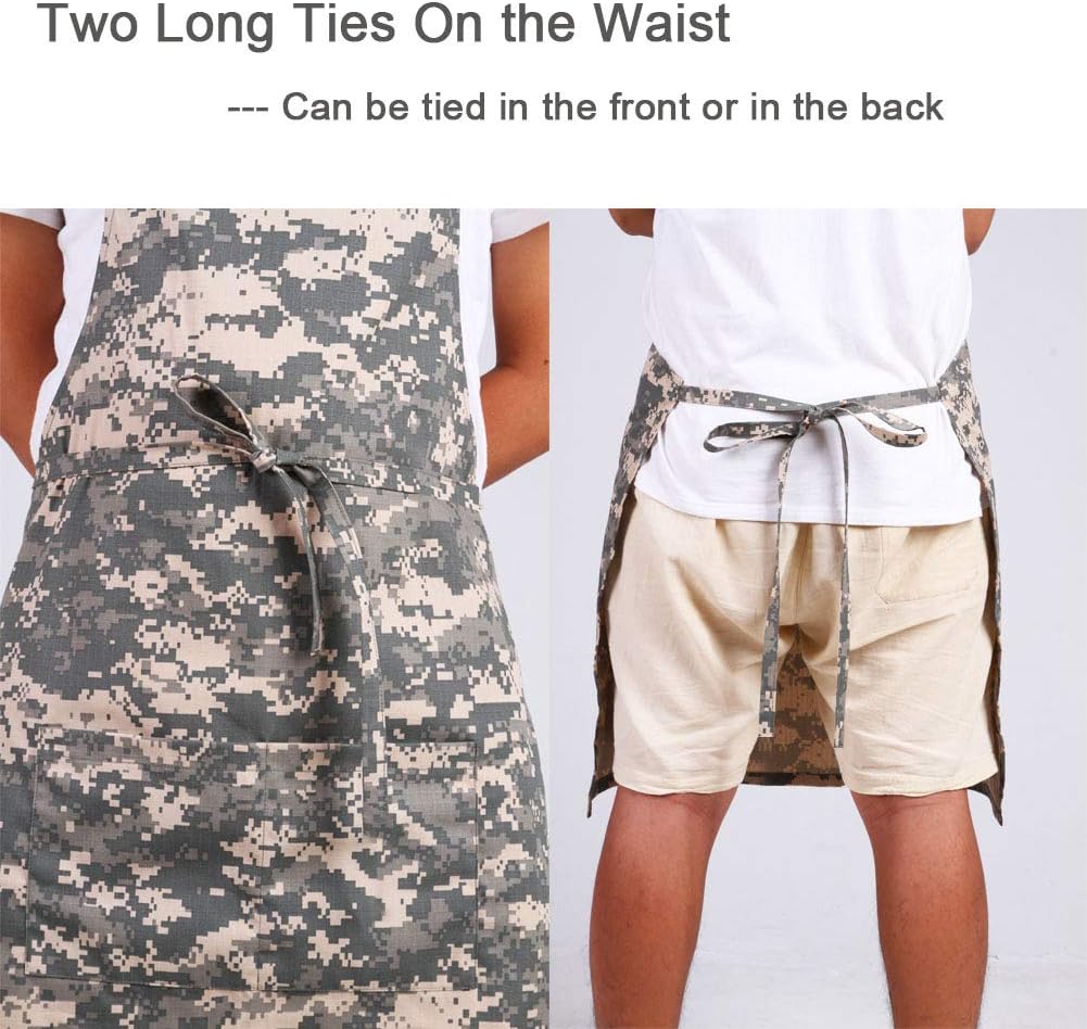 SOMIDE 2 PK Adjustable Bib Camo Aprons, 2 Large Pockets, Cooking Kitchen BBQ Grilling Home Picnic Aprons for Women Men Chef