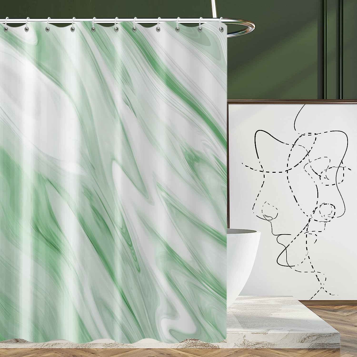 GCIREC Green Marble Stall Shower Curtain, 90x180cm, Light Green Mix White Ombre Modern Abstract Wave Luxury Bathroom Curtain Bathtub Home Decor Waterproof Fabric Machine Washable with Hooks — image 1