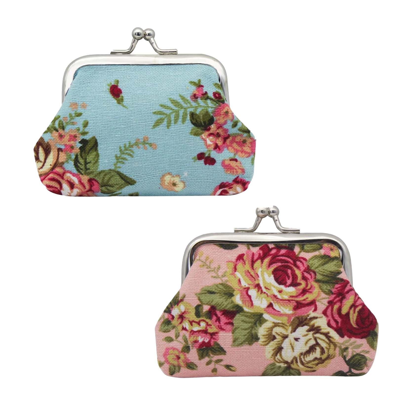 2 Pack Coin Purse Floral Pattern Small Coin Purse for Women and Girls, Kiss Lock Design Change Purses Mini Wallets Woman Organize Coin Keys Headphones for Bag (Floral, Blue+Pink)