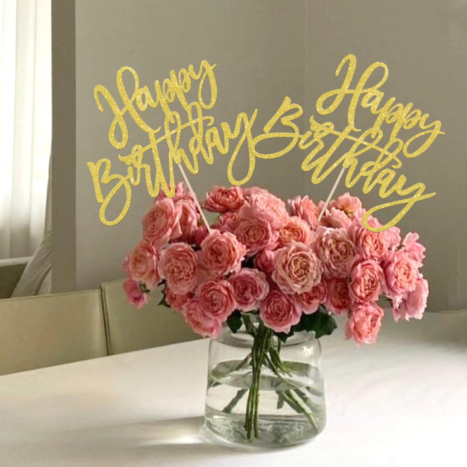 12 PCS Happy Birthday Centerpiece Sticks Double Sided Glitter Birthday Party Table Flower Centerpieces Floral Decorations for Celebrating Birthday Aniversary Party Centerpieces Sticks Supplies Gold
