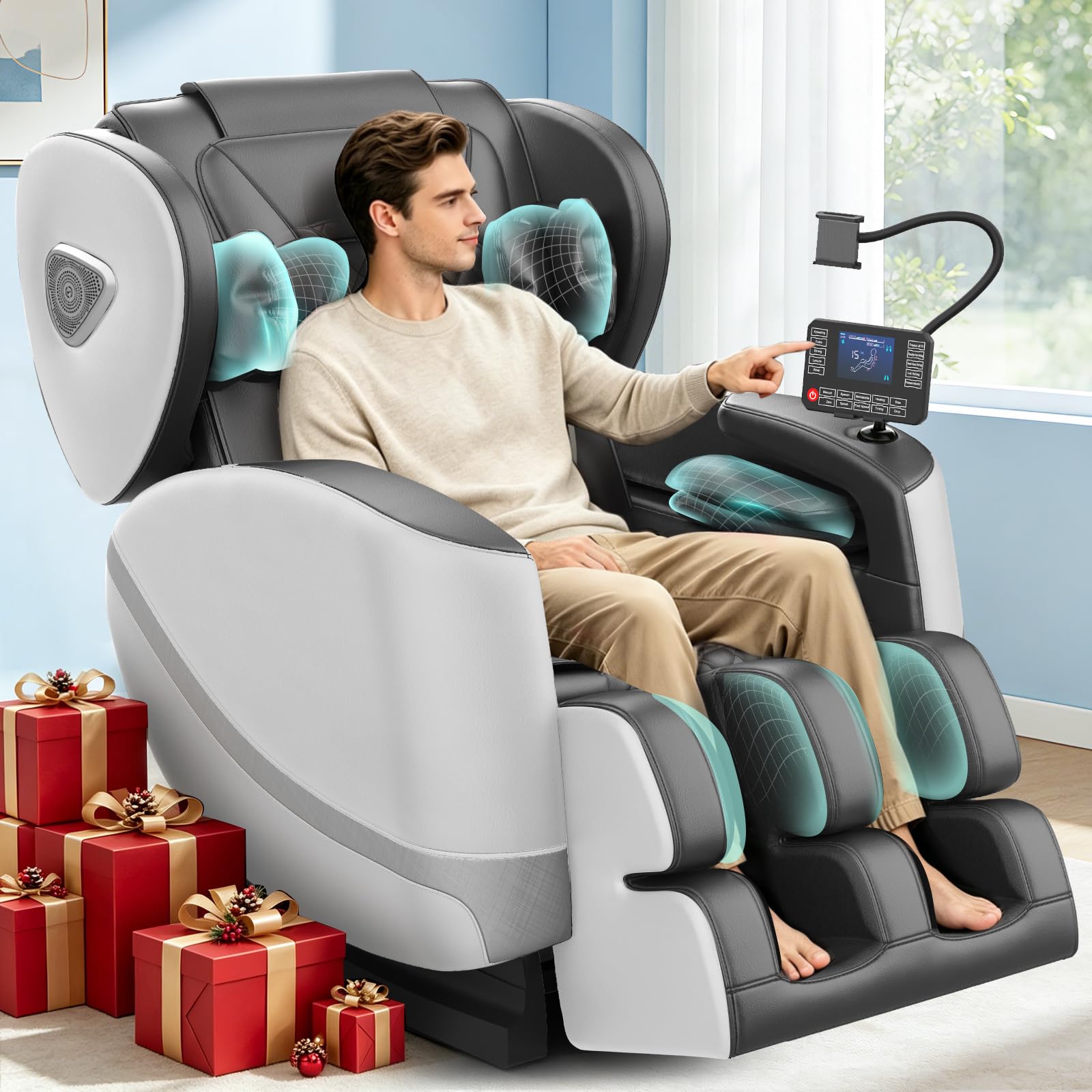Ganzkörper Massagesessel mit Rollen & Airbags für Massage, Zero Gravity mit Bluetooth Lautsprecher und Touchscreen, Heizfunktion für Taille & Beine, mit Fußmassage für Hause/Büro (Hellgrau)