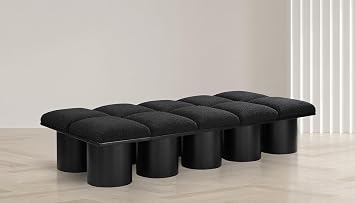Meridian Furniture 466Black-10D Pavilion Collection Art Deco Bench with Rich Black Boucle Fabric and Black Finished Oak Veneer, 77.5 W x 36 D x 17.5 H
