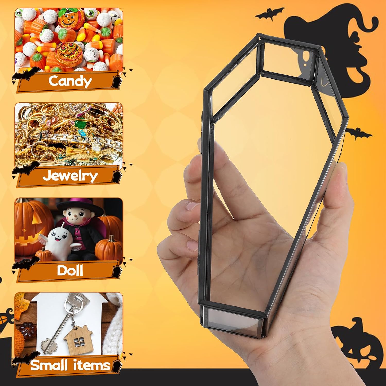 DOITOOL 7. 5 Inch Glass Coffin Box with Hinged Lid, Black Gothic Decorative Display Case for Wrapped Candy, Jewelry, Rings, Earrings And Halloween Decor image 3